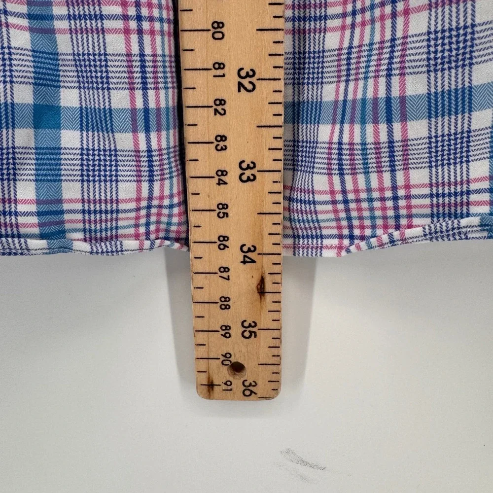 David Donahue Button Down Men L Blue Pink Plaid Cotton Long Sleeve Dress Shirt